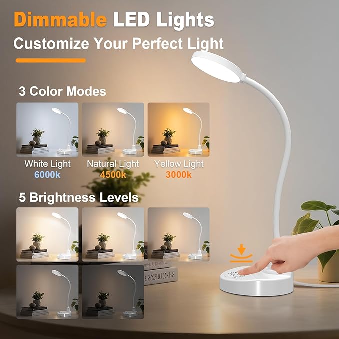 15W LED Desk Lamp with USB Charging Ports, Dimmable Table Lamp with 3 Color - Image 2