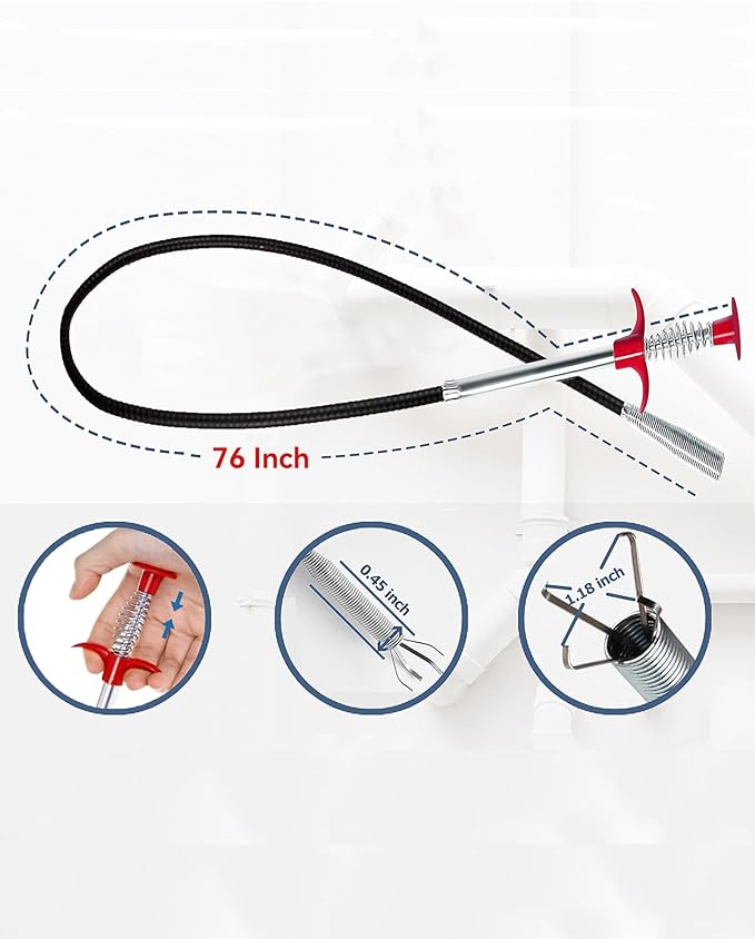 Flexible grabberDrain Snake Tool - The Ultimate 76inch Flexible Grabber for Hair, Unclog Any Drain in Minutes! Gunk & Debris in Sinks, Showers & Tubs. No More Chemicals, Just Quick Results!