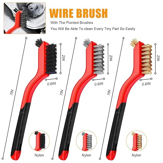 9Pcs Wire Brushes for Cleaning Rust, Small Wire Brush, Wire Wheel for Drill Steel Brush for Cleaning with Nylon, Brass, Stainless Steel, and Carbon Steel Bristles - 7-Inch Handle & 1/4-Inch Hex Shank