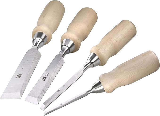 4 Piece Bevel Edge Wood Chisel Set 1/4 inch(6mm), 1/2 inch(12mm), 3/4 inch(20mm), 1 Inch(26mm) with Hornbeam Handles and Stainless Steel Ferrules