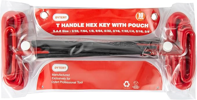 10-Piece Red Inch/SAE T-Handle Allen Hex Key Wrench Set(3/32-3/8)，7.4 inches long, Printed Specifications, Versatile Tool for DIY