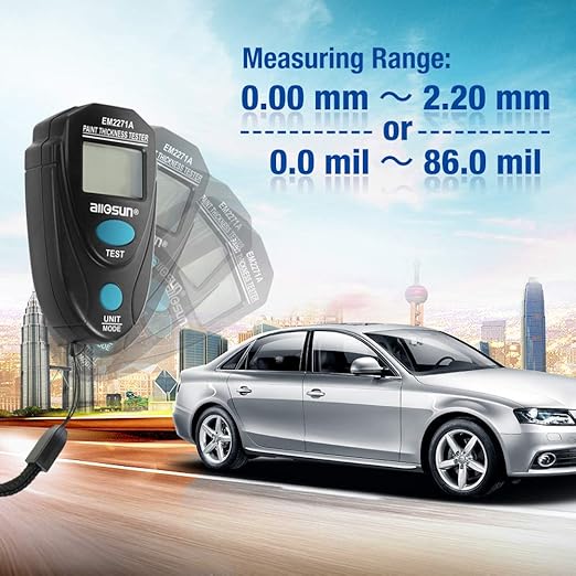 allsun EM2271A Digital Paint Gauge Thickness Meter, Car Mini Coating Paint Tester LCD 2.2mm/80mil Data Hold Black