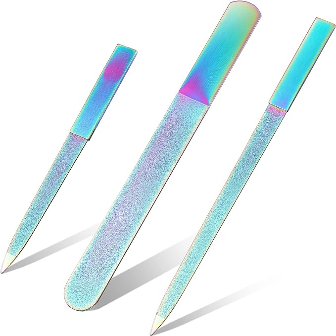 Mudder 3 Pcs Diamond Nail File Set Stainless Steel Double Side Nail File Metal Sapphire Buffer Manicure Files Natural Nails Emery Boards for Salon Home and Travel Women (Rainbow Color)
