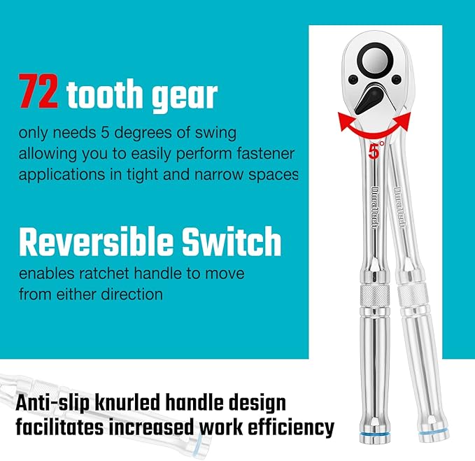 DURATECH 3-Piece Ratchet Set, 1/4", 3/8", 1/2", 72-Tooth with Quick-Release Reversible Design, Chrome Alloy Made, Fully Polished, Organized in Storage Case