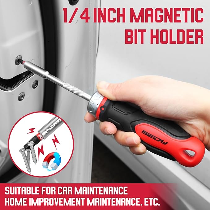 1/4″ Magnetic Ratcheting Screwdriver, Durable Bit Holding Screwdriver With Non-Slip Handle 220mm Long Multi Tip Screwdrivers Ratchet Bits Driver Ergonomic Cushion Grip For Garage & Daily Repair