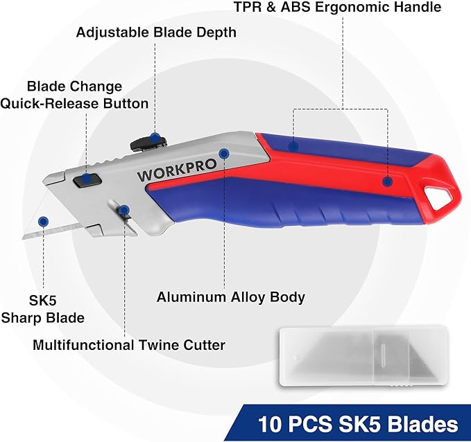 WORKPRO Retractable Utility Knife Set, 2-pack Quick-Change Box Cutter with Twine Cutter, Heavy Duty Aluminum Razor Knife with Comfortable Handle, 10 Extra Blades Included