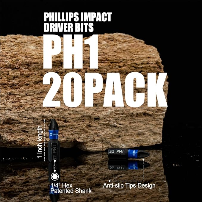 20 Pack Phillips Impact Driver Bits, #1 Phillips Head Magnetic Screwdriver Bits Set, 1 Inch S2 Alloy Steel Impact Bits, 1/4" Hex Shank Screwdriver Drill Bit, CNC Machined ph1 Impact Drill Bits