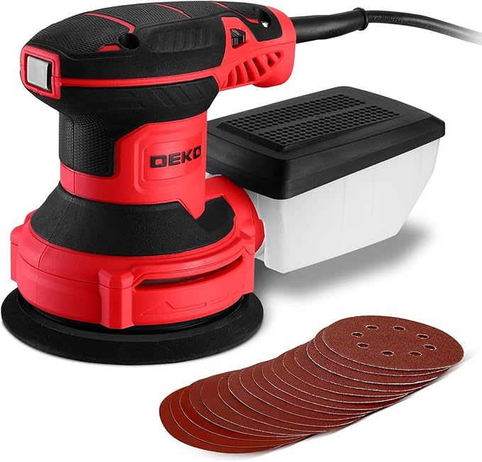 Orbital Sander Corded Hand Sander: DEKOPRO 5" Random Orbital Sander with Dust Box, 6 Various Speeds Electric Palm Sander with Dust Box, 16Pcs Sandpapers for Woodworking & Sanding (Red)
