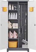 Garage Storage Cabinet,Broom Closet with Lock,Locking Cabinets with Hanging Rod & S-Hooks for School,Garage,Grey-White