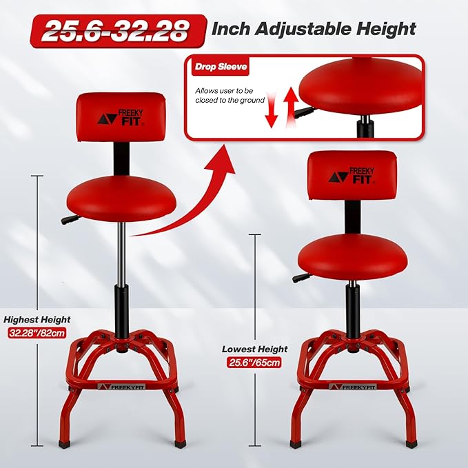 Shop Stool with Backrest, Mechanic Garage Stool for Workshop, Adjustable Stool Chair, Padded Workbench Stool for Men Women, 300 LBS Capacity, 360° Swivel PVC Seat, Heavy Duty, Red
