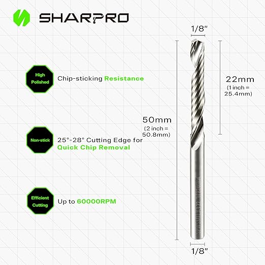 O Flute Upcut Spiral Router Bit 1/8 Inch Shank 1/8 Inch Cutting Dia. Carbide Single Flute CNC Router Bit, Ideal for Aluminum, Plastic, Acrylic, Wood, MDF and PVC