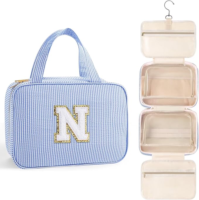 TOPEAST Hanging Toiletry Bag for Women - Travel Toiletry Bag Makeup Bag, Portable Toiletries Cosmetic Bag, Airplane Travel Essentials - Letter N, Blue