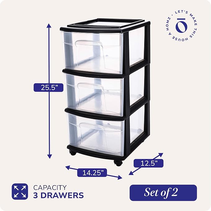 HOMZ 2-Pack Drawer Tower, 3-Tier Clear Plastic Storage Organizer Cart, and - Image 3