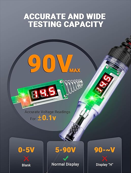Test Light Automotive 5-90V Digital LED Light Tester with Voltage Display, Voltage Test Pen with Extended Spring Wire & Stainless Steel Probe, Circuit Tester for Car, RV, Fuse Voltage Systems (5-90V)