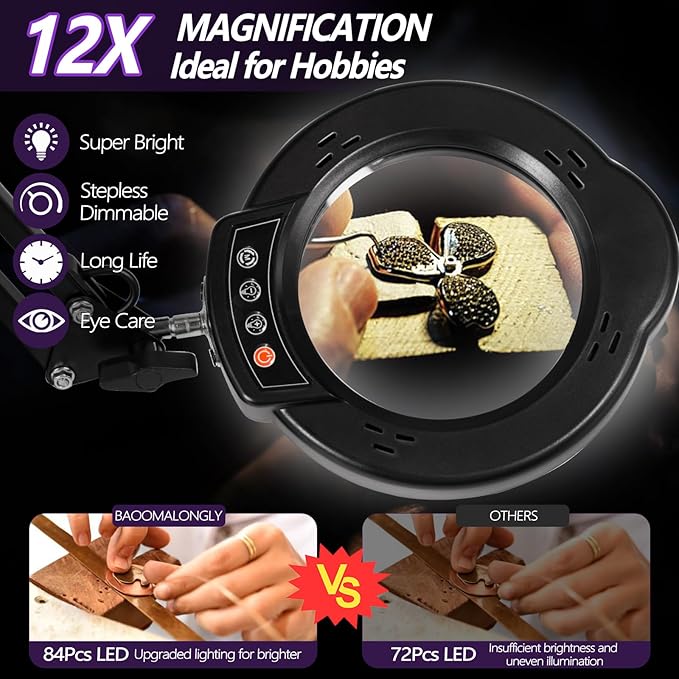 12X Magnifying Glass with Light and Stand, 5 Color Modes 10 Stepless Dimmable - Image 2
