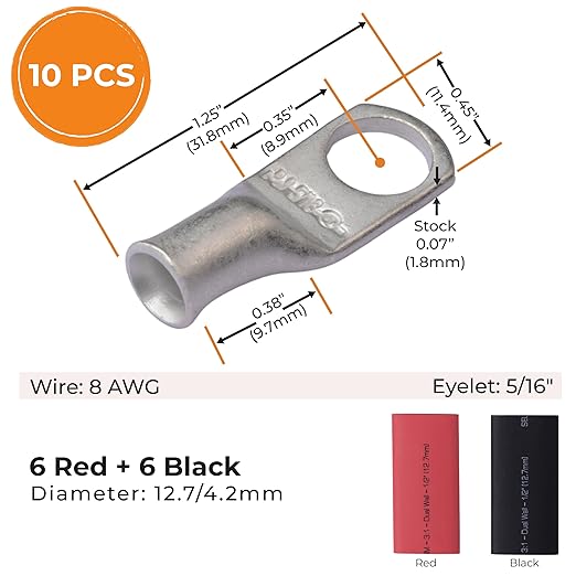 SELTERM 10pcs - 8 Awg - 5/16" Stud - Battery Lugs - Ring Terminal Connectors | with 12pcs 3:1 Black & Red Heat Shrink Tubing with Adhesive | Heavy Duty Battery Cable Ends - Tinned Copper Wire Lugs Kit