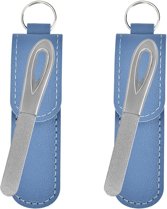 Metal Nail File with Case, 2 Pack Keychain Nail Files for Natural Nails, Fingernail Files Diamond Round Tip Stainless Steel Double Sided Fine Grit Sapphire Filer with Leather Sheath Travel Blue