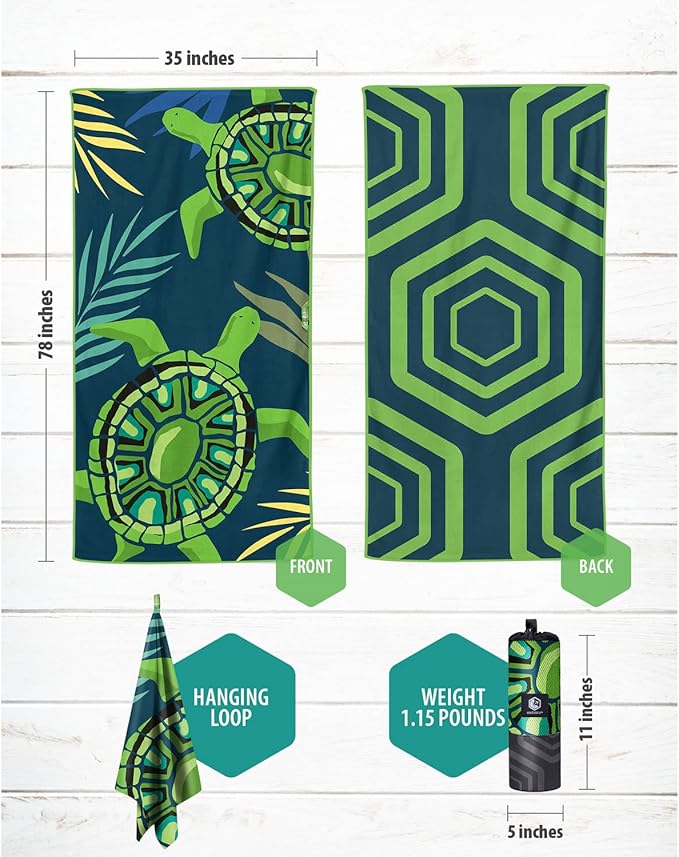 VENTURE 4TH Microfiber Beach Towel: Quick-Dry, Compact, Sand-Free, Absorbent, Sandproof and Lightweight - Perfect for Camping, Beach, and Roadtrips (Navy Turtle Design | 35x78 inches)