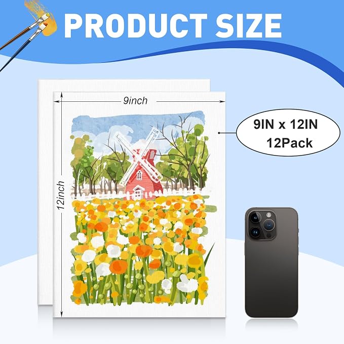 ESRICH 9x12 Canvas for Painting, 12 Pack Canvas Boards for Painting Cotton - Image 2