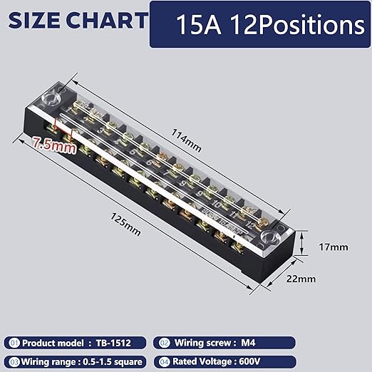 Terminal Block (4 Sets) 4Pcs 12 Positions Dual Row 600V 15A Screw Terminal Strip Blocks with Cover&4Pcs Pre-Insulated Barrier Termina Block Strip&48Pcs Insulated Fork Wire Connector
