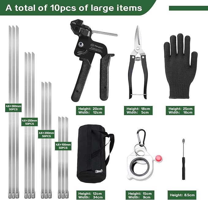 Metal cable tie gun set,contains 200 heavy-duty outdoor stainless steel cable ties,suitable for chain link fence components,wire mesh rolls,exhaust pipe winding,poultry fencing,boat construction,etc