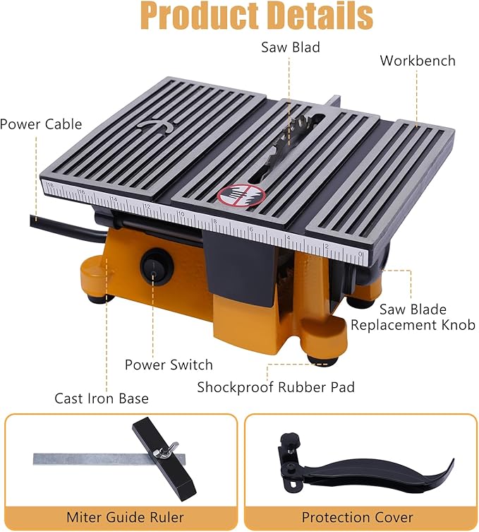 Mini Portable Table Saw, Miter Table Saw Bench Electric Cutting Machine Multifunctional Desktop Saws with 3 Blades for DIY Handmade Wooden Model Crafts, Metal, Ceramic Tile, Glass