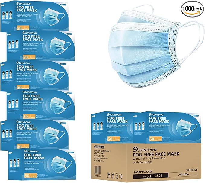 Jointown Anti-fog 3-ply Disposable Face Mask, Face Mask with Efficient Filter Media for Adult, Adjustable and Soft Nosepiece, Case of 1000