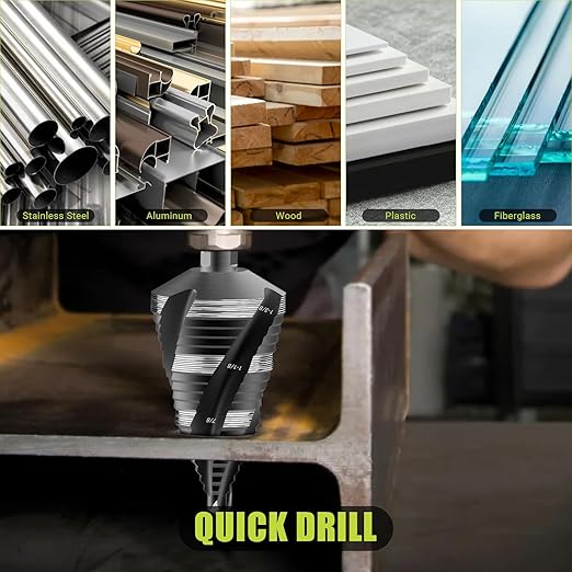 5 Pcs Four Spiral Flute Step Drill Bit Set, 6 Pcs Countersink Drill Bits with 1/4 Inch Quick Change Hex Shank, Nitriding HSS Drill Bits for Metal, Aluminum, Wood, Plastic