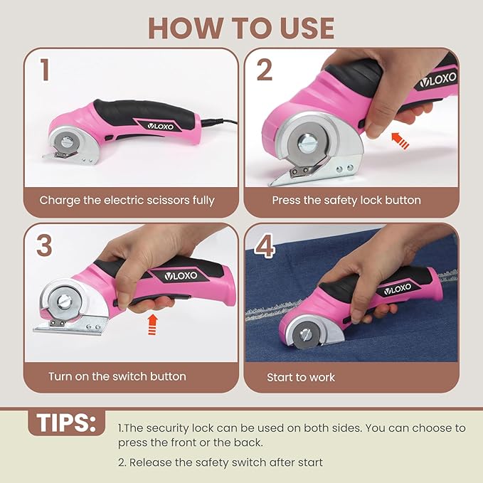VLOXO Cardboard Cutter, Cordless Electric Scissors for Leather with Safety Lock, Box Cutter Electric Multi-Cutting Tools Rechargeable Powerful Scissors for Canvas Leather Plastic with Storage Box Pink