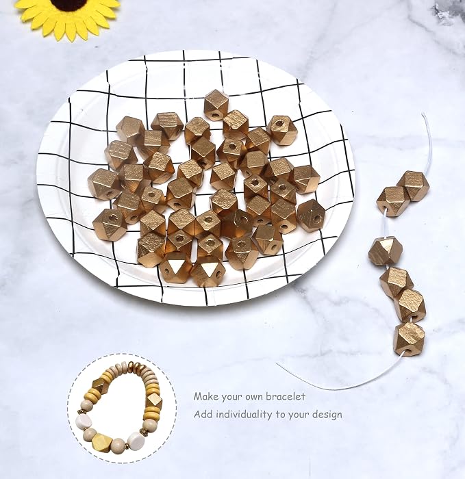 50pcs 16mm Gold Geometric Wooden Beads, Wood Smooth Loose Spacer Beads - Image 2