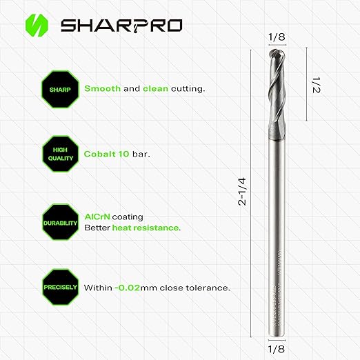 Carbide Ball Nose End Mill 2 Flute 1/8 Inch SHK. and Cutting Dia. 3D Carving, High-Speed and Deep Cutting, AlCrN Coated, Apply for Alloy Steel, Stainless Steel and Various Cast Iron.