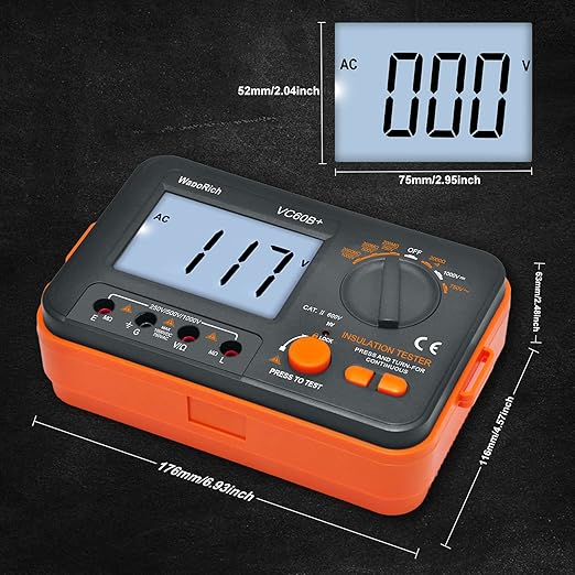Megohmmeter Insulation Resistance Tester, 1999 Counts Megaohm Meter 200MΩ~2K Megohm Megger with DC250/500/1000V AC750V Testing Voltage, Digital Multimeter Measure with Data Hold Backlit
