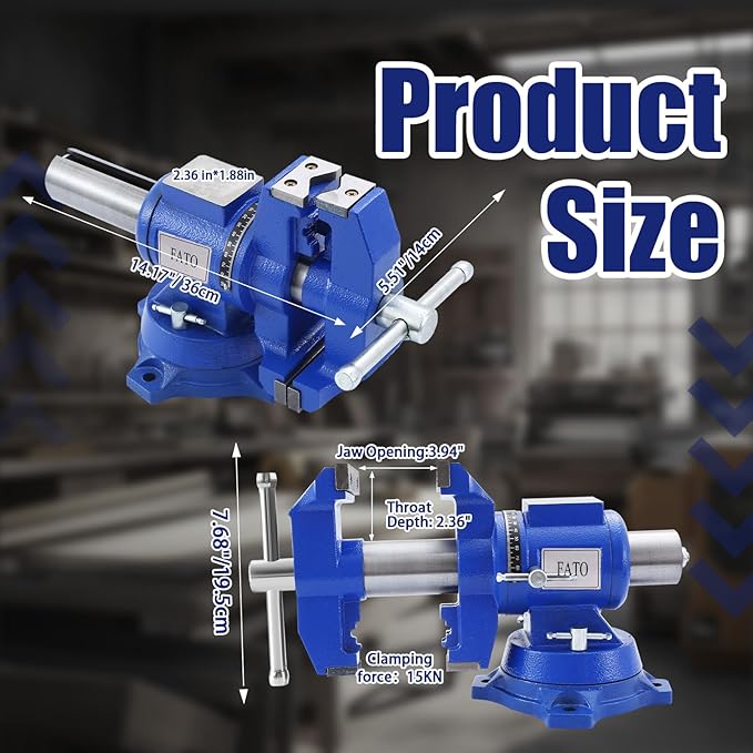 FATO Multipurpose Bench Vise 5 Inch Heavy Duty Ductile Iron 8800 Lbs Clamping Force, 360° Swivel Base, Anvil, Jaw Width 4.92", Jaw Opening 3.94", for Metalworking, Woodworking, DIY & Industrial, Blue