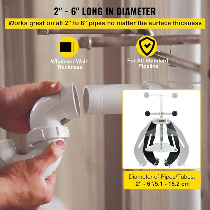 VEVOR Pipe Clamp, 2 to 6 in, High Strength Ultra Clamp with Quick Acting Screws & Strong Hand Tools PG622V 6" Pipe Plier, Two Fixed V-Pads, 2" Throat Depth, 1"–2" Clamping Capacity, M8 Thread