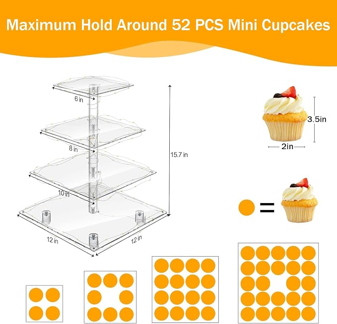 YestBuy Cupcake Stand with Yellow LED Lights, 4 Tier Cupcake Stand - Image 5