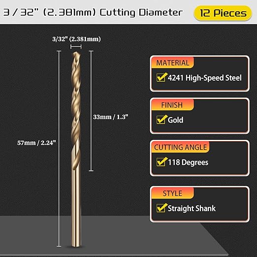 Drill Bit, 3/32" Cutting Diameter (2.381mm), 4241 HSS Gold 118° Cutting Angle Versatile Jobber Bits - (Applications: for Drilling Plastic Wood Soft Thin Metal), 12-Pieces