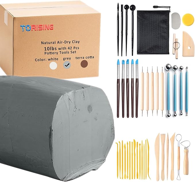 Air Dry Clay 10 LBs with 42 Pcs Set Pottery Clay Tools Set by Torising
