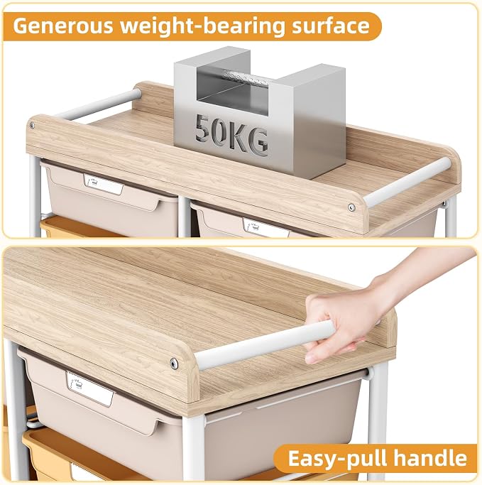 10 Drawers Rolling Cart with Wooden Tabletop, Utility Storage Cart with Wheels - Image 5