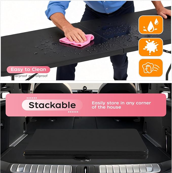 FDW 8FT Folding Table, Portable Fold-in-Half Plastic Picnic Party Table - Image 6