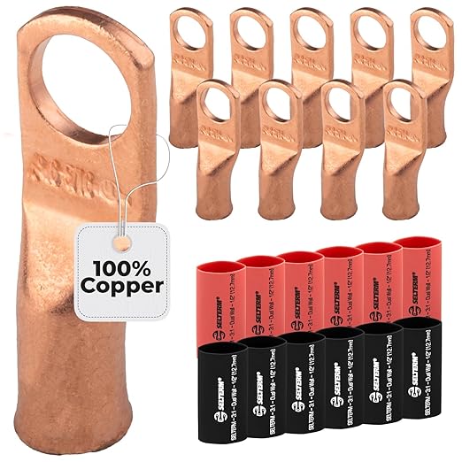SELTERM 10pcs - 6 Awg - 5/16" Stud - Battery Lugs - Ring Terminal Connectors | with 12pcs 3:1 Black & Red Heat Shrink Tubing with Adhesive | Heavy Duty Battery Cable Ends - Bare Copper Wire Lugs Kit