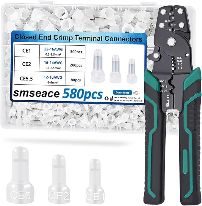 smseace 580pcs 3-Values Closed End Crimp Terminal with Wire Stripper Crimping tool 22-16/16-14/12-10AWG Wire End Caps Closed End Wire Connectors