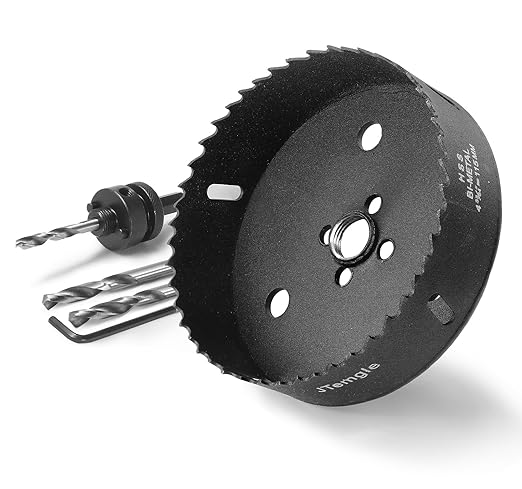 4-1/2 Inch Hole Saw with 1/2" Triangle Shank Quick Change Arbor, JTemgle Bi-Metal Hole Saw Heavy Duty Hole Cutting Tool for Cornhole Boards, Recessed Lights, Wood, Plastic, Drywall & Soft Metal