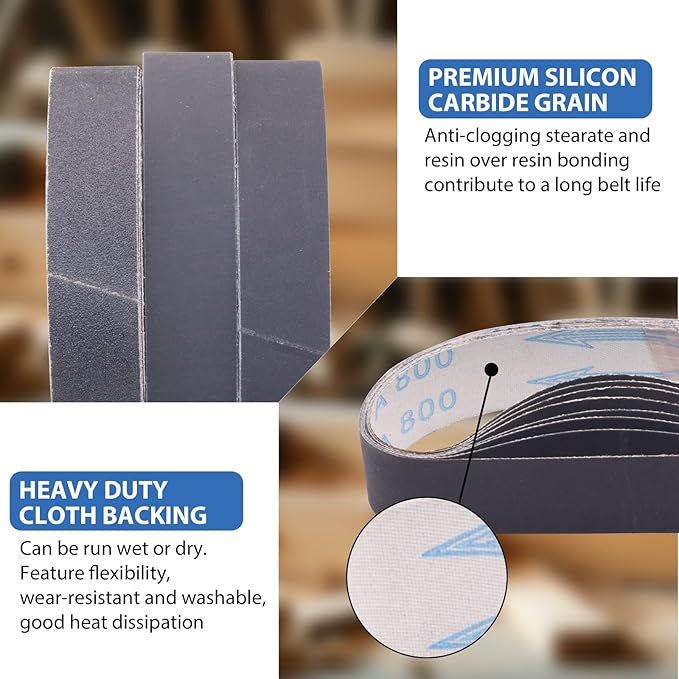 18 Pack 1-1/8 x 21 Inch Sanding Belts, 3 Each of 120 240 400 600 800 1000 Grits Sander Belts for Makita Sander, 1-1/8-Inch x 21-Inch Abrasive Silicon Carbide Sander Belts