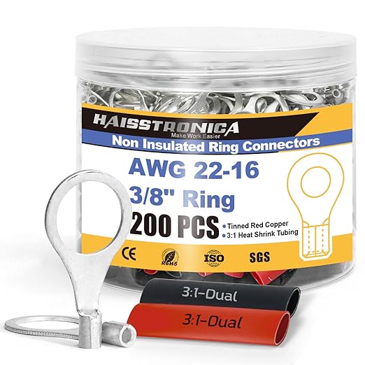 haisstronica Non Insulated Wire Connectors Kit，100pcs 3/8” Ring Terminals (AWG 22-16) with 100pcs 3:1 Heat Shrink Tubing for Automotive Marine，Brazed Seam Wire Crimp terminals