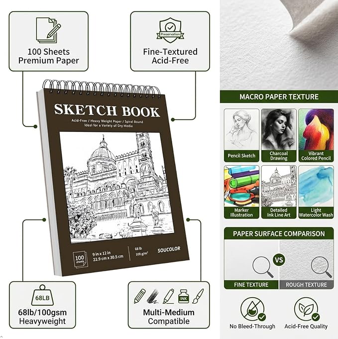 Soucolor Sketch Book 9x12, 100 Sheets Drawing Pad, Art Sketchbook - Image 4