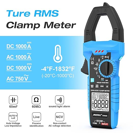 MESTEK Digital Clamp Meter Multimeter with Inrush Current, 1000A TRMS Amp Voltage Tester with VFD & LOZ Mode; Measures AC/DC Current Voltage Temperature Resistance Capacitance Frequency Continuity NCV