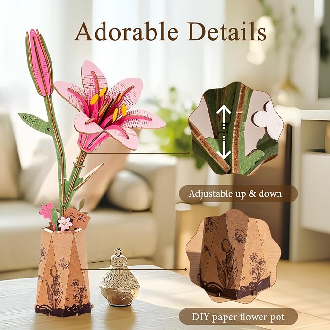 Rowood Wooden Flower Kit, DIY Artifical Flower Building Set Craft Kit - Image 4