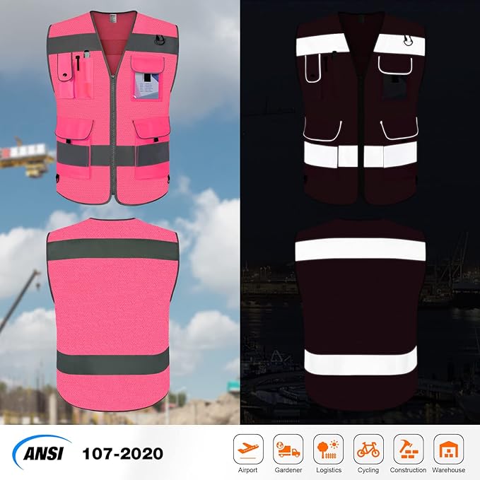 TCCFCCT Mesh Pink Safety Vest for Men Women 9 Pockets High Visibility Reflective Vest for Safety, Work Vest with Reflective Strips, Meets ANSI/ISEA Standards, Large