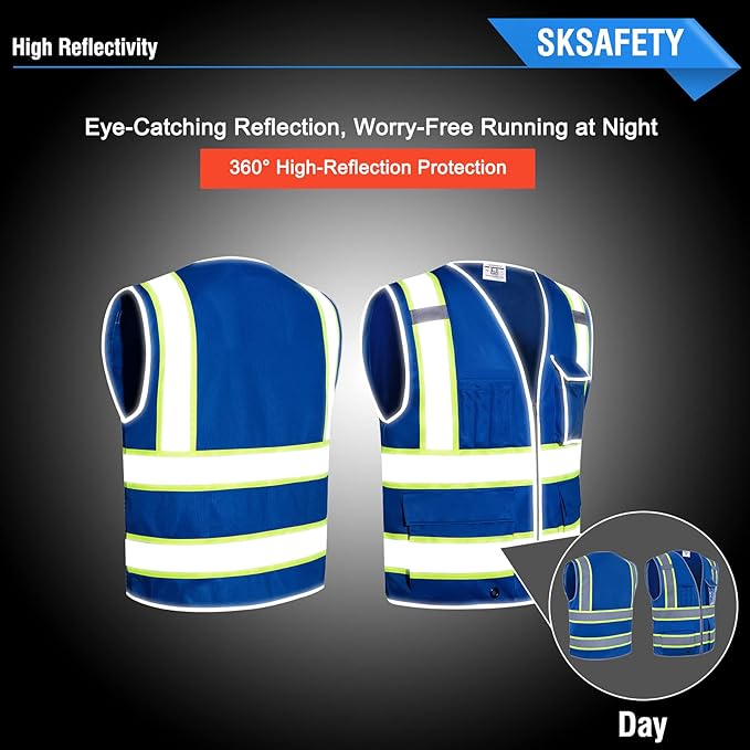 SKSAFETY 10 Pockets Safety Vest, Class 2 High Visibility Security with Zipper, Hi Vis Vest with Reflective Strips, ANSI/ISEA Standard, Construction Work Vest for Men ＆ Women （Blue, 3XL）