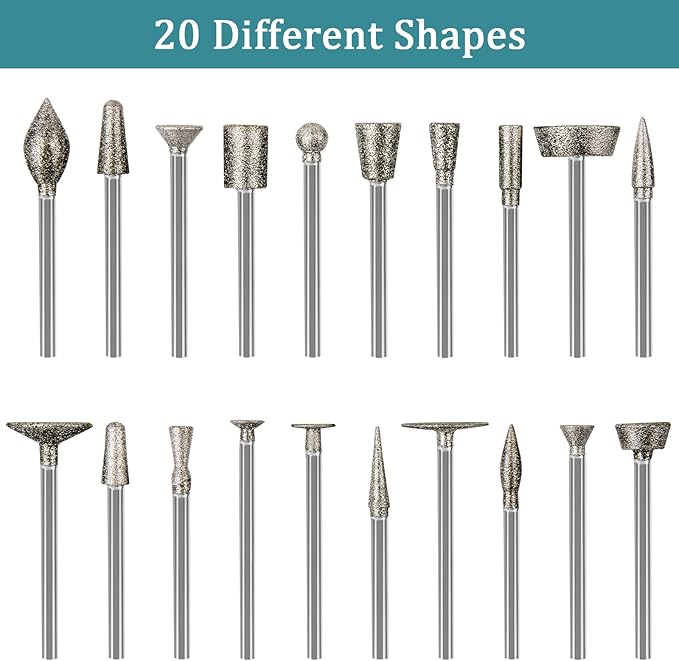 Stone Carving Set Diamond Burr Bits Compatible with Dremel, 20PCS Polishing Kits Rotary Tools Accessories with 1/8’ Shank for Carving, Engraving, Grinding, Stone, Rocks, Jewelry, Glass, Ceramics